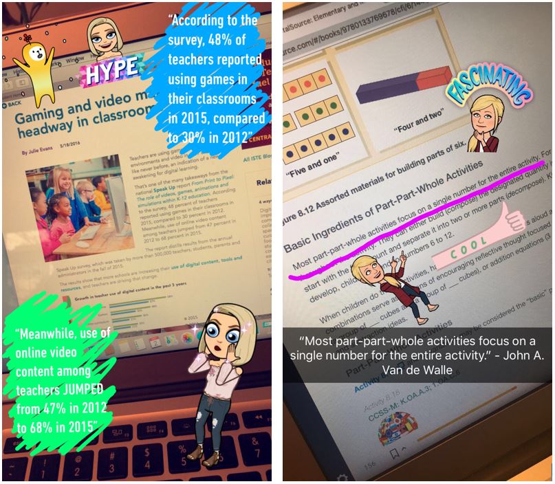 Two images of BookSnaps. The left image includes call-out quotations and the right image one. Both images are decked out with user Bitmojis.