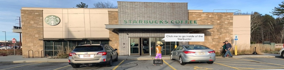 Avatar labeled "Khin" standing in the parking lot outside an American Starbucks. A quote bubble above her head reads "Click me to go inside of the Starbucks!"