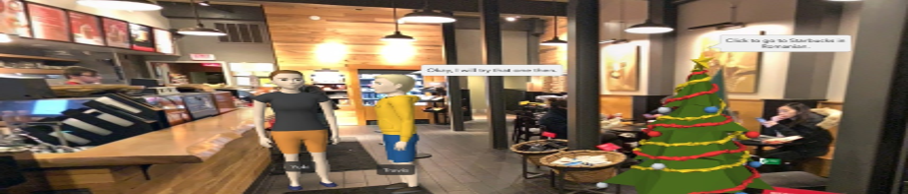 Two avatars standing at the counter inside of the American Starbucks. A text bubble over a Christmas tree behind them reads, "Click to go to Starbucks in Romania."
