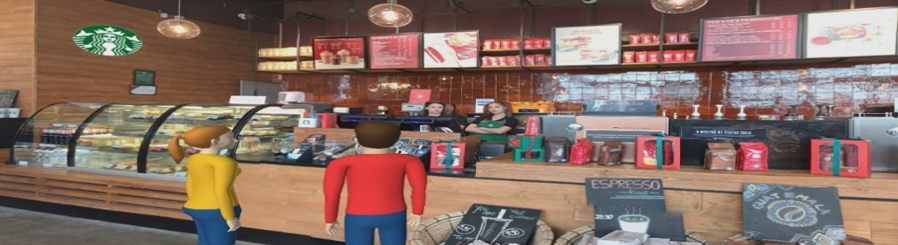 Two avatars looking at the menus at a Starbucks in Romania. On the left wall is a Starbucks logo that "teleports" back to the American Starbucks.