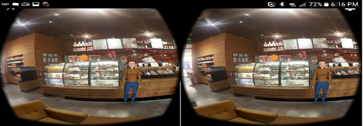 Left-eye and right-eye stereoscopic images of an avatar standing by the counter inside a Starbucks