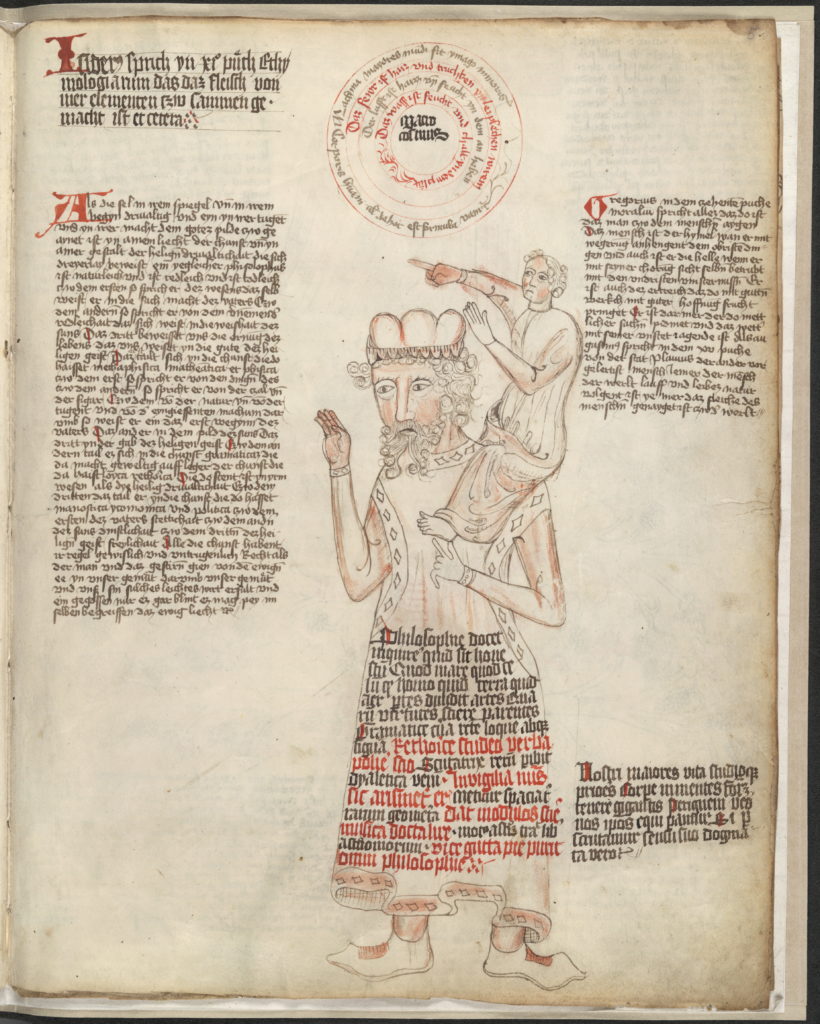 Illuminated manuscript page depicting Cedalion on the shoulders of Orion