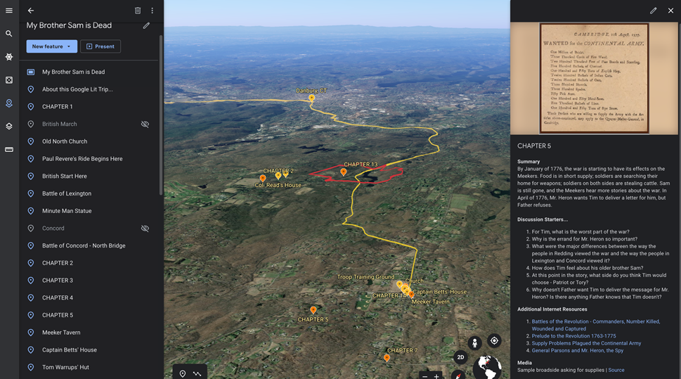 Google Earth map of locations and character routes from the novel My Brother Sam Is Dead