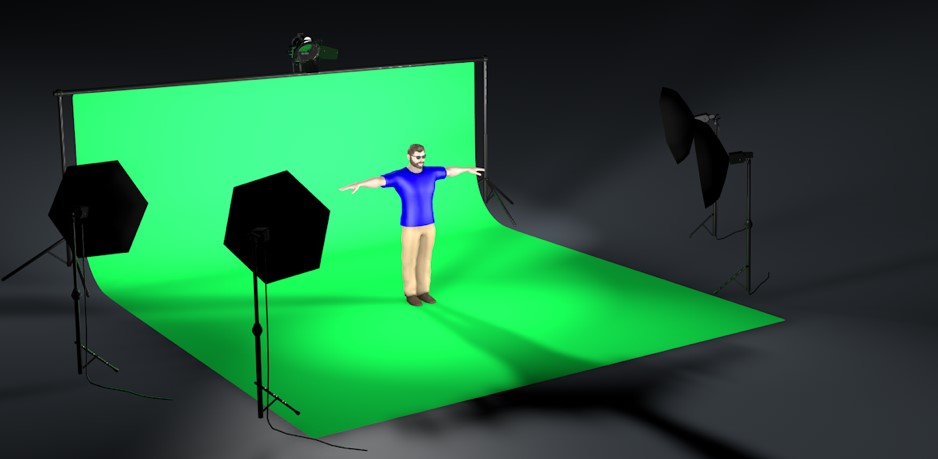 Digital rendering of a five-point lighting setup around a man standing before a green screen