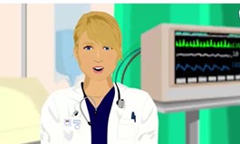 Virtual nurse standing by bedside vitals monitor.