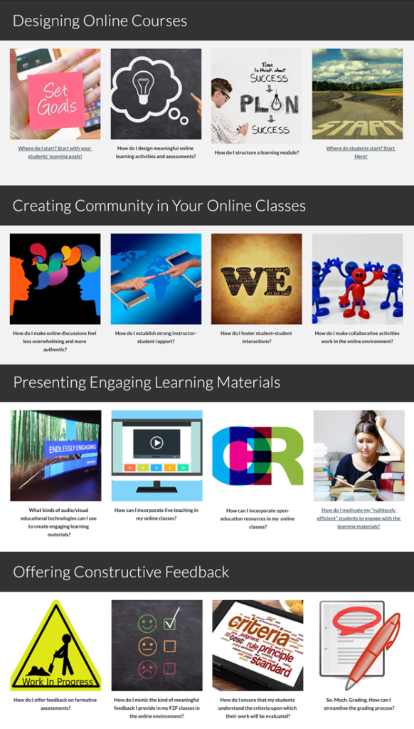 Clickthrough icons underneath four headings: Designing Online Courses, Creating Community in Your Online Classes, Presenting Engaging Learning Materials, and Offering Constructive Feedback