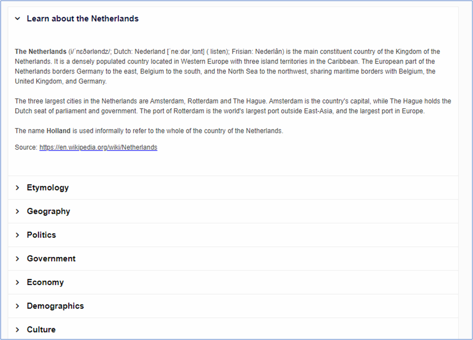 Screen showing accordion menu that begins, "Learn about the Netherlands," displaying full text from that item. Other menu items (collapsed): Etymology, Geography, Politics, Government, Economy, Demographics, Culture