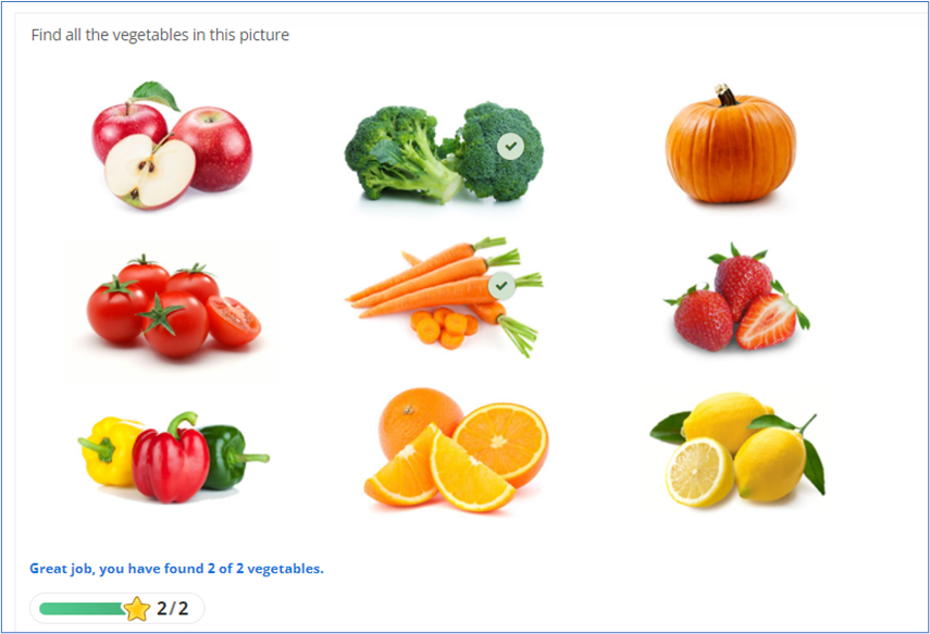 Screen displaying clickable images of various fruits and vegetables. Instructions state: "Find all the vegetables in this picture." Broccoli and carrots have check marks; text at bottom of screen reads, "Great job, you have found 2 of 2 vegetables."