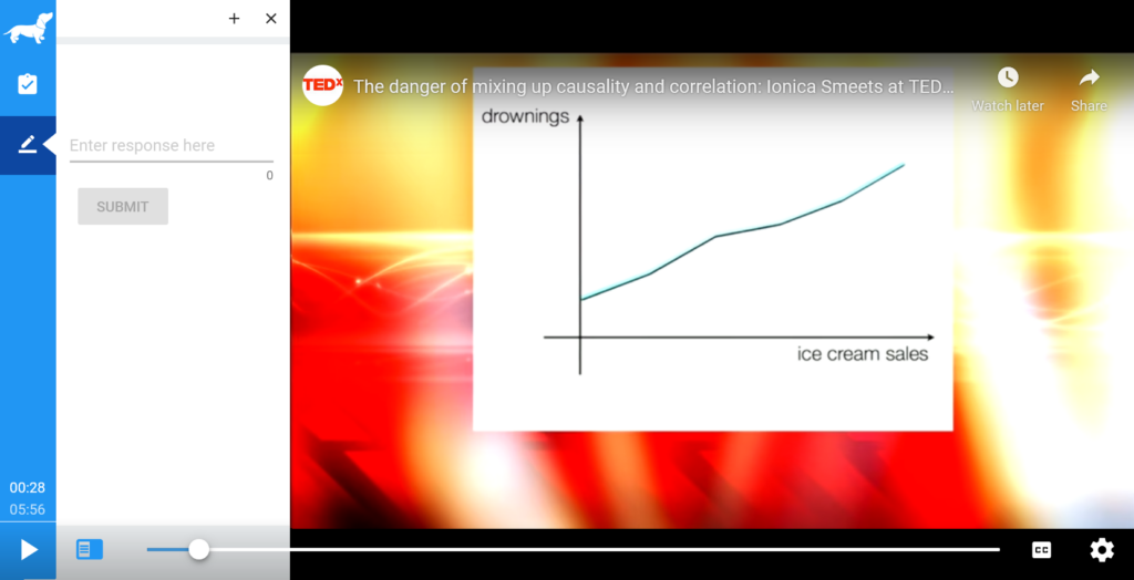 Playposit screenshot. A pop-up box that says "Enter response here" appears alongside a YouTube video of a TED Talk titled "The Danger of Mixing Up Causality and Correlation."