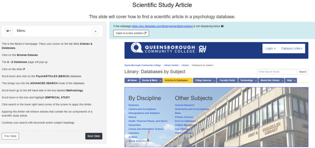 Slide showing the Queensborough Community College library "databases by subject" page on the right and instructions on how to conduct a search on the left.
