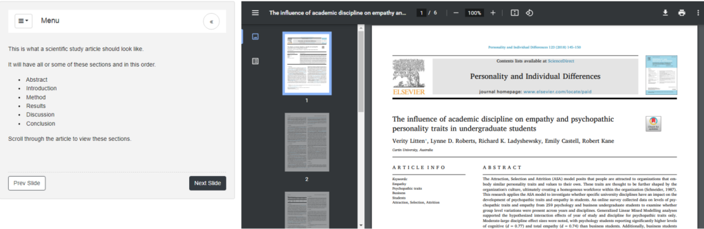 Scientific article PDF appears on the right; explanation of the components of the article—that is, the abstract, introduction, method, results, discussion, and conclusion—appears on the left.