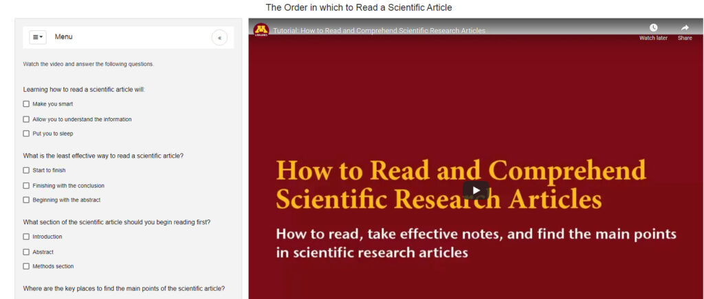 A video titled "How to Read and Comprehend Scientific Research Articles" appears at screen right. Multiple-choice questions about the video appear to the left.
