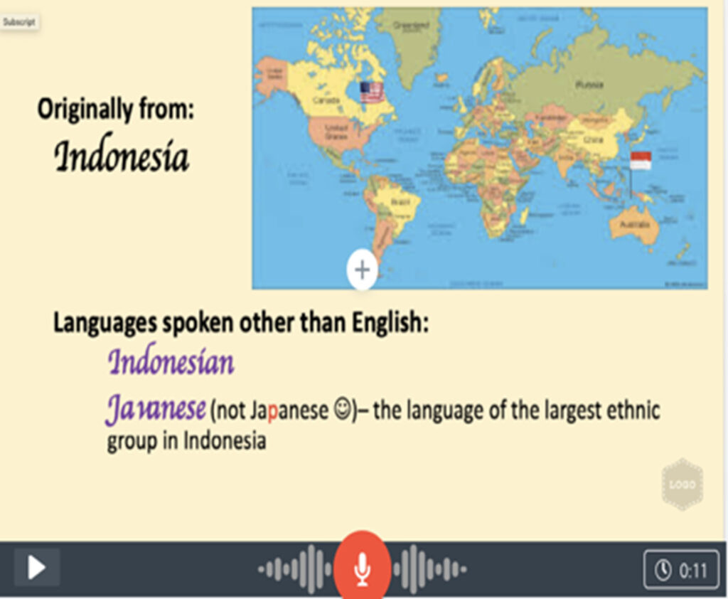 Slide showing map and indicating the instructor is originally from Indonesia and speaks both Indonesian and Javanese as well as English