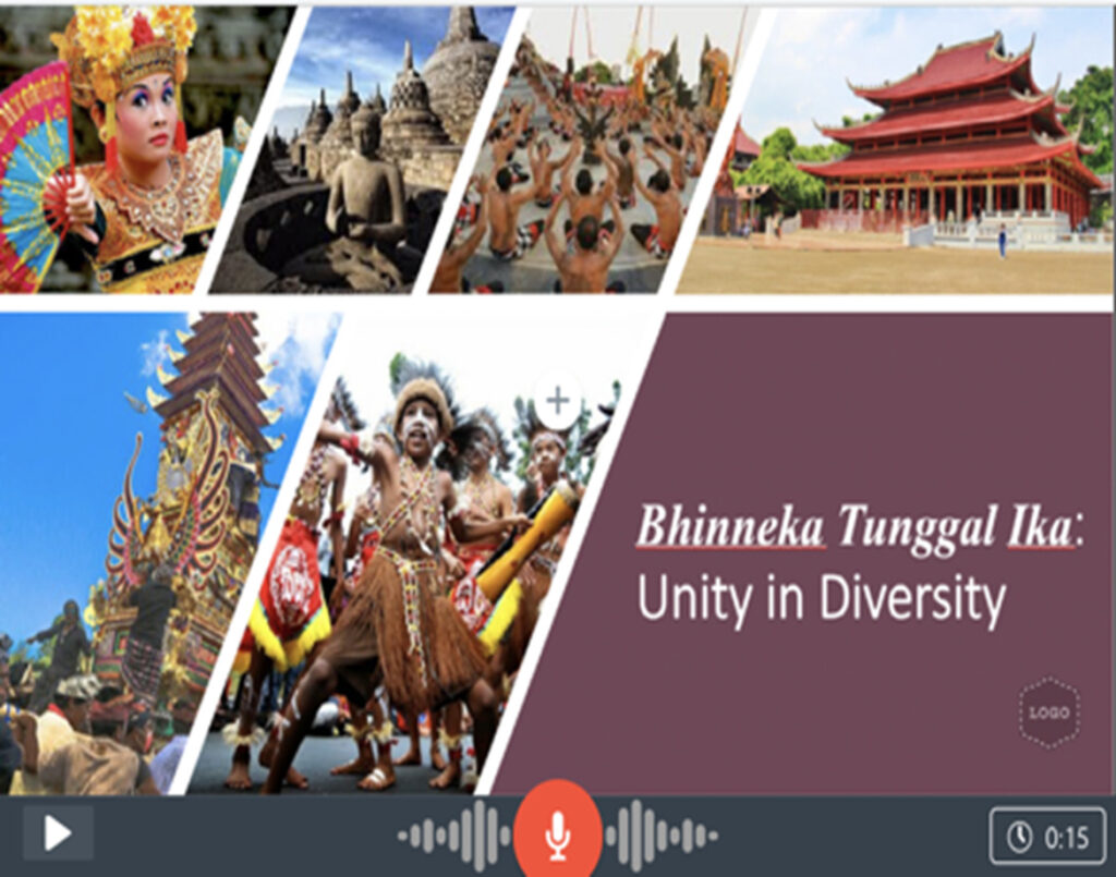 Slide showing pictures of Indonesian culture. Text reads: "Bhinneka Tunggal Ika: Unity in Diversity."