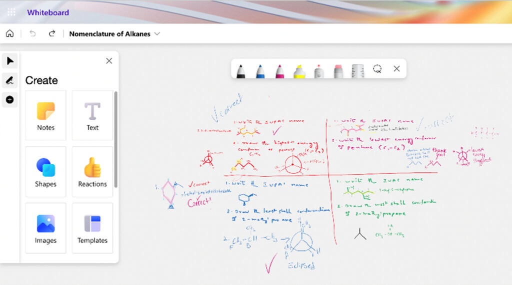 Handwritten questions with student responses and instructor feedback using Microsoft Whiteboard.  The questions involve nomenclature of alkanes