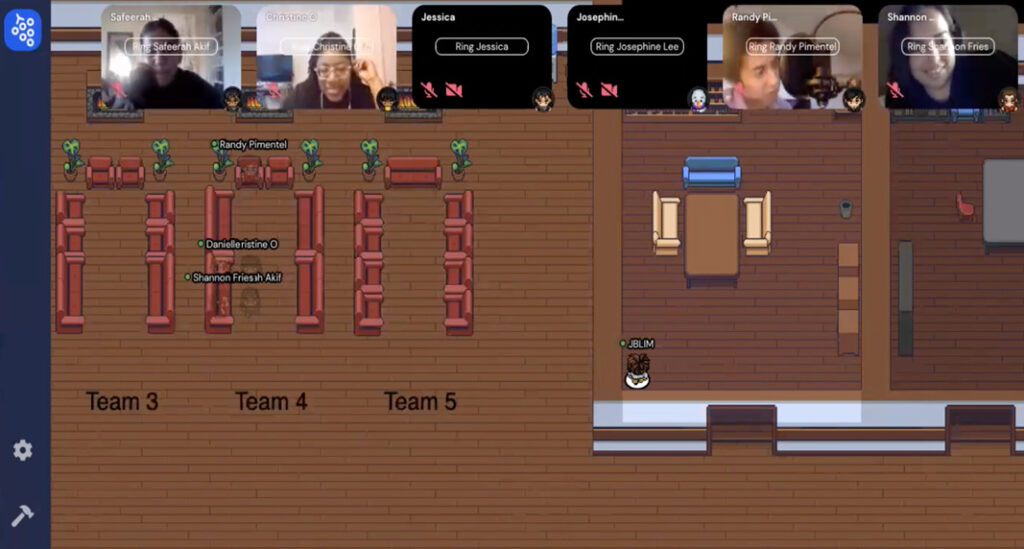 Screengrab from Gather. Webcam images of participants appear at the top of the screen. The middle shows several rooms, one with chairs around a table. A larger lobby room includes several groups of couches, labeled Team 3, Team 4, and Team 5.
