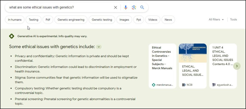 Results for the query, "What are some ethical issues with genetics?" The Google AI list five ethical issues and links to reputable sources from which it sourced these issues.
