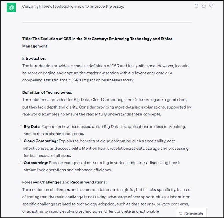 ChatGPT feedback on how to improve an essay titled "The Evolution of CSR in the 21st Century: Embracing Technology and Ethical Management." Feedback focuses on the intro, definitions of technologies, and a section on challenges and recommendations.
