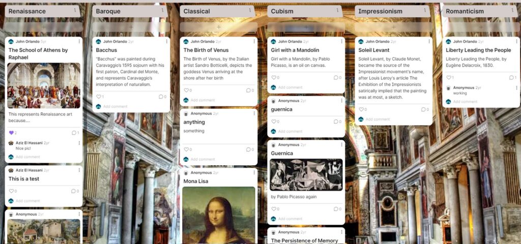 Sample Padlet board for an art history course, showing sample artworks sorted into columns by period/style.
