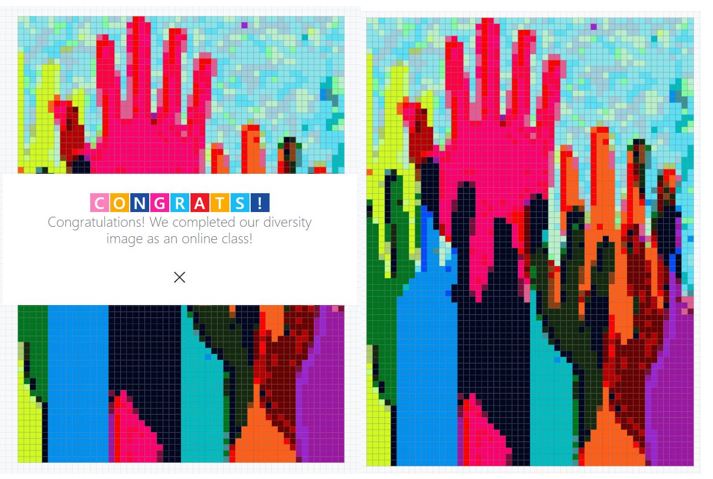 Complete image of the raised, multicolored hands. A pop-up message reads, "Congrats! Congratulations! We completed our diversity image as an online class!"