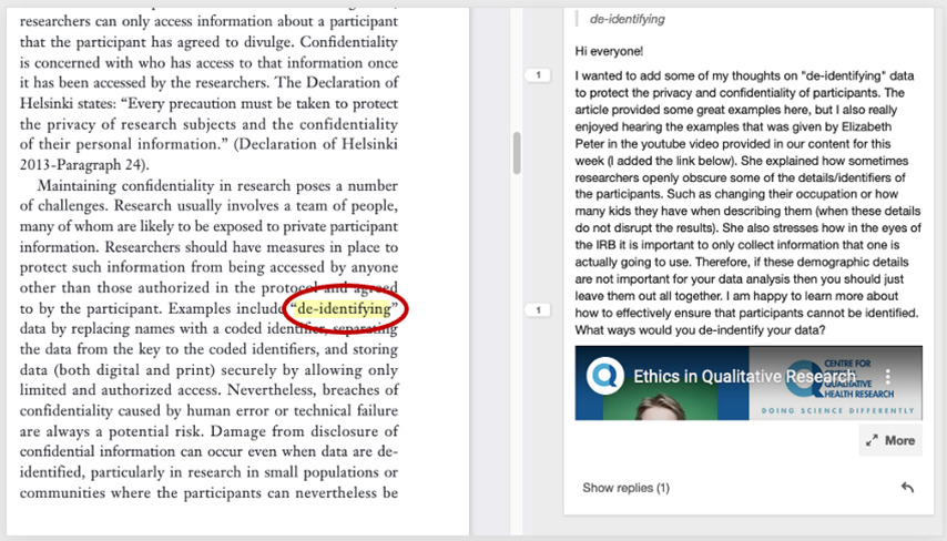 Image left shows a passage from an assigned reading about confidentiality, with the word "de-identifying" circled and highlighted. Image right shows a comment elaborating on "de-identifying" data, linking also to a YouTube video on the matter.
