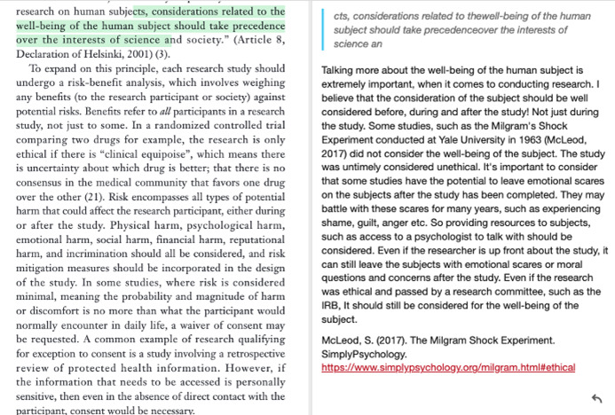 Image left shows a different passage from the same text as figure 1, with a sentence highlighted. Image right shows an annotation on the highlighted text; the annotation discusses a psychological experiment  relevant to the passage and includes a link to more information about it.