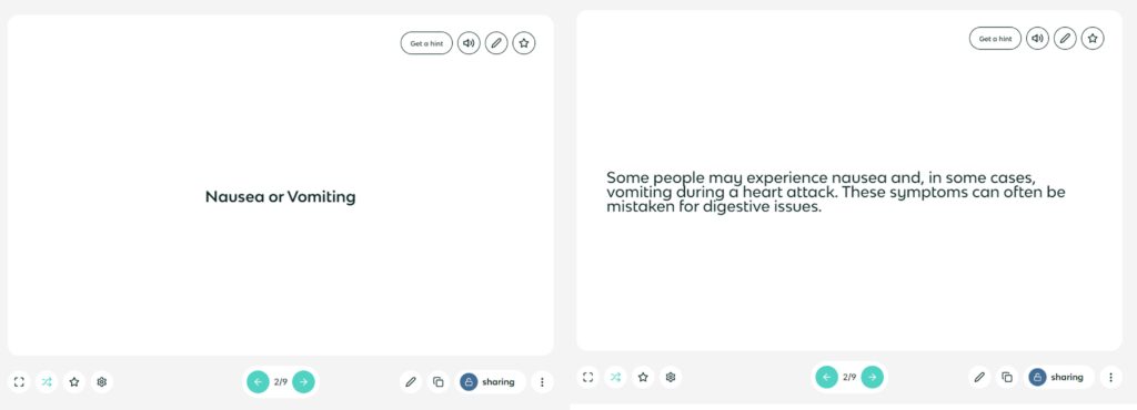 One side of card reads "Nausea or Vomiting." The other reads "Some people may experience nausea and, in some cases, vomiting during a heart attack. These symptoms can often be mistaken for digestive issues."