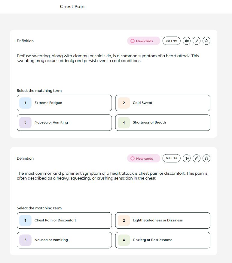 Two "select the matching term for the definition" quiz questions about heart attack symptoms. One describes cold sweat ("profuse sweating, along with clammy or cold skin . . ."); the other describes chest pain or discomfort ("the most common or prominent symptom of a heart attack is chest pain or discomfort").