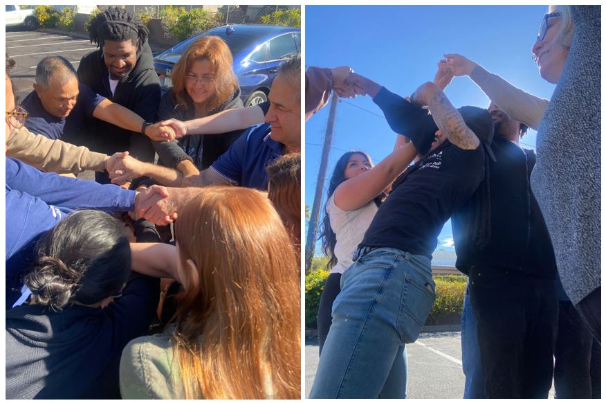 Two images of students trying to untangle themselves from a human knot in a campus parking lot.