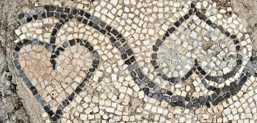 Ancient Greek mosaic detail with heart shaped floral pattern. Archaeological site of Kerameikos northwest of the Acropolis.